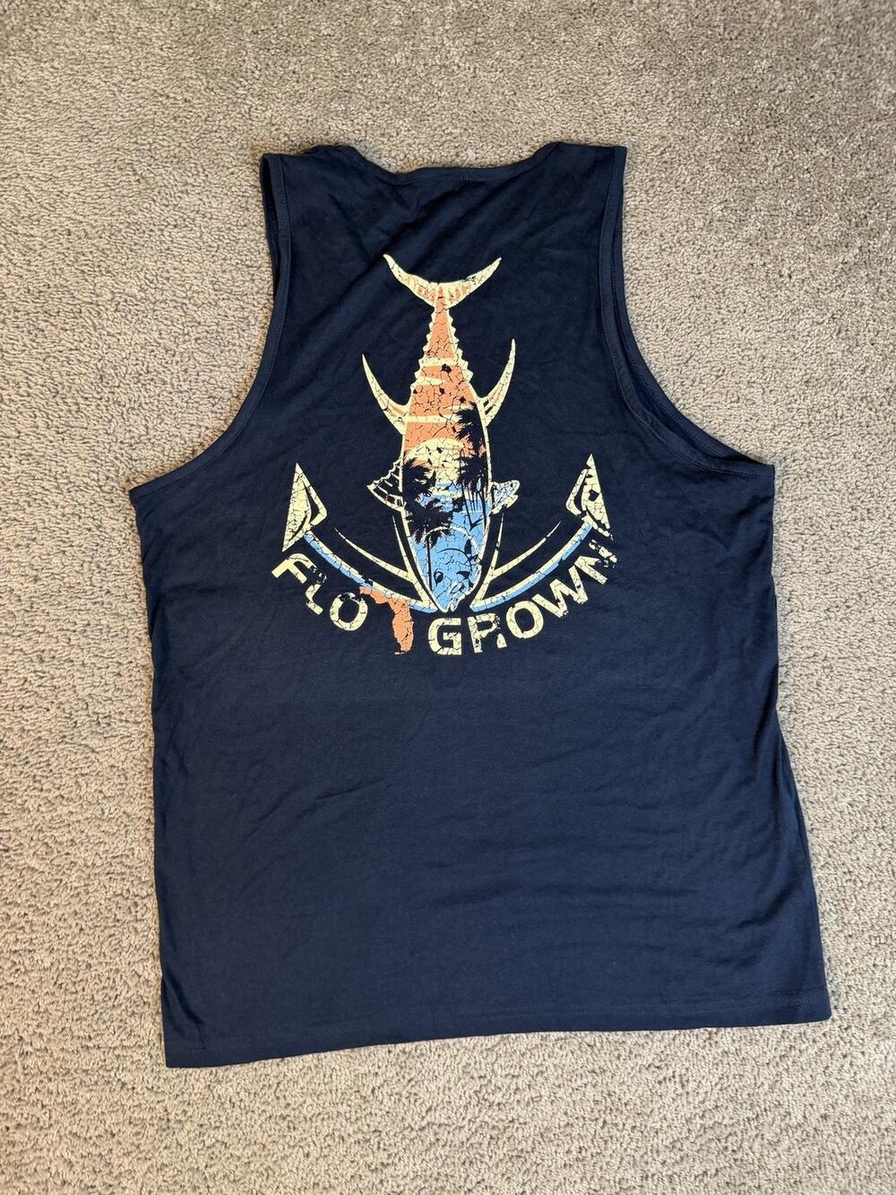 FLO GROWN Shirt Mens XL Blue Graphic Tank Logo Crew Neck Cotton Summer Casual